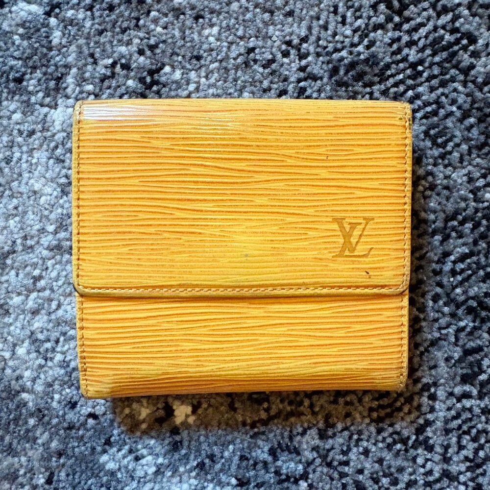 '93 Vintage LV Elise Compact Trifold Wallet in Yellow Epi + Purple Taiga Leather